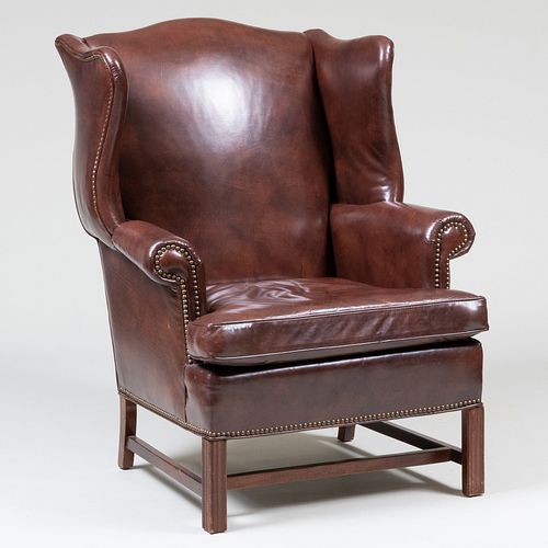 George III Style Mahogany Leather Upholstered Wing Chair                   