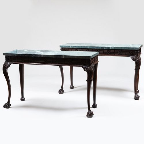 Pair of George III Style Carved Mahogany Console Tables       