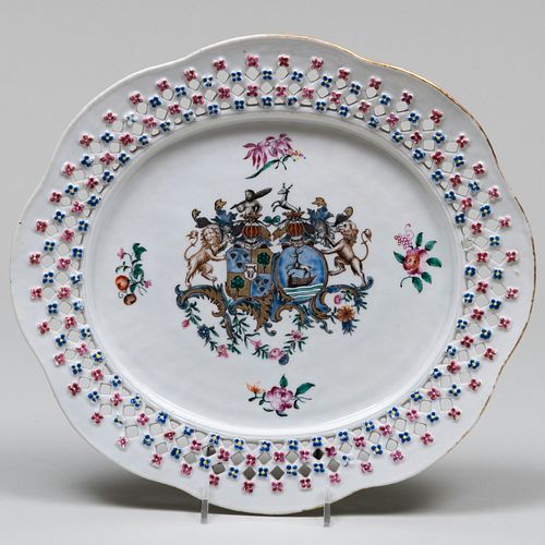 Chinese Export Dutch Market Reticulated Porcelain Dish with Arms of Jonkeer Tets Van Goudrien