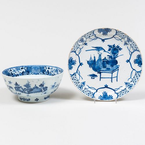 Chinese Export Blue and White Porcelain Bowl and a Delft Plate