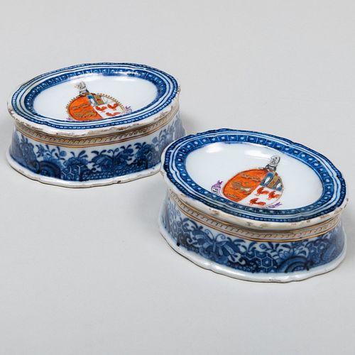 Pair of Chinese Export Porcelain Armorial Salts with Arms for North Impaling Cox