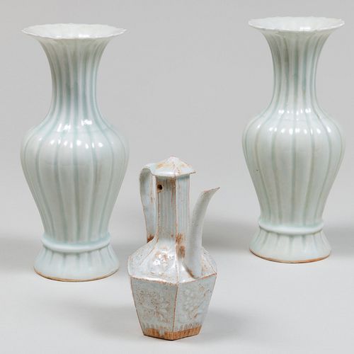 Pair of Chinese Celadon Glazed Porcelain Vases and a Ewer