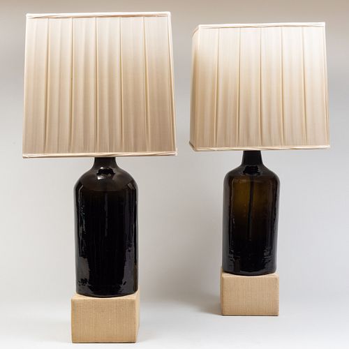 Pair of Black Glazed Lamps on Woven Bases with Custom Shades