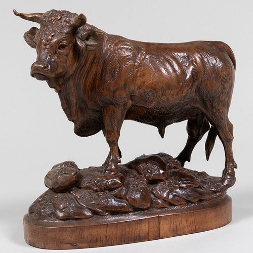 Black Forest Carved Wood Figure of a Bull