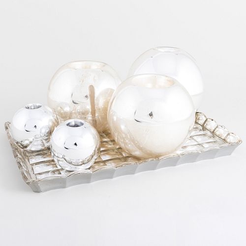 Group of Globular Mercury Glass Candle Holders and Tray