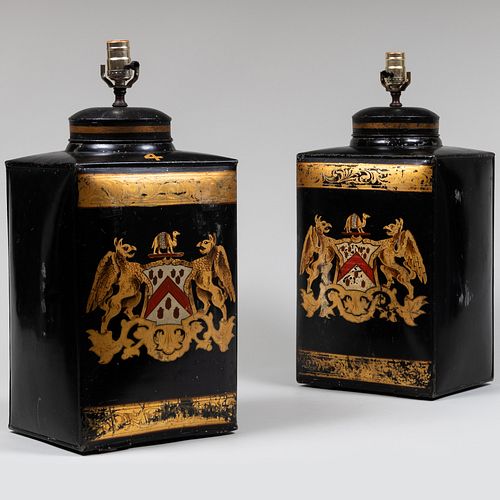 Pair of English Black Tôle and Parcel-Gilt Tea Cannisters Mounted as Lamps      