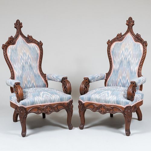Pair of Gothic Revival Carved Oak Armchairs, Attributed to A.J. Davis, NY