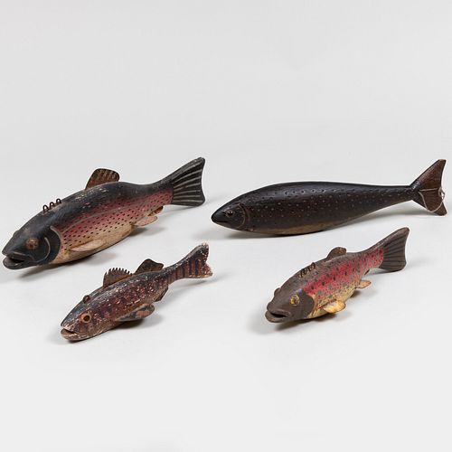 Two American Polychromed Wood Trout Decoys and Two Fish Lures
