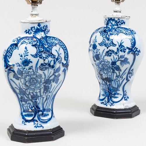 Pair of Blue and White Delft Vases Mounted as Lamps 