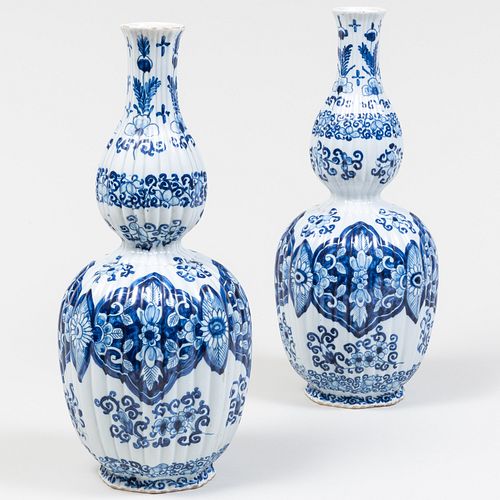 Pair of Blue and White Delft Ribbed Bottle Vases