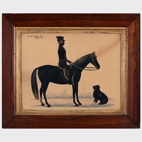 Silhouette of a Man on Horseback with Terrier