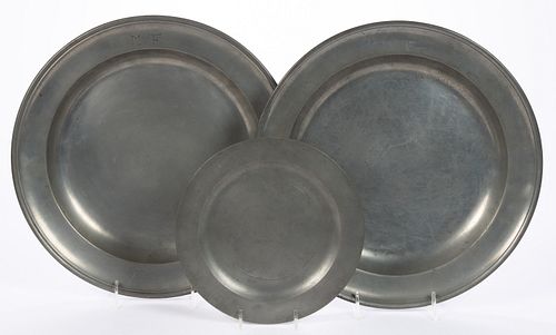 ASSORTED PEWTER CHARGERS AND PLATE, LOT OF THREE