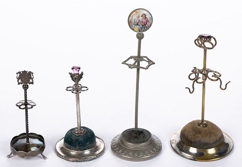 ENGLISH STERLING, DUTCH 0.833 SILVER, AND SILVER-PLATED / -TONED HATPIN HOLDERS / STANDS, LOT OF FOUR