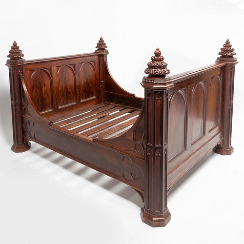 American Gothic Revival Carved Flame Walnut Bedstead, Possibly by Crawford Riddell