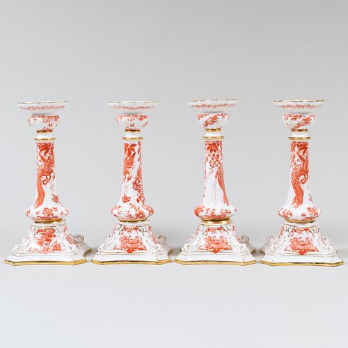 Set of Four Royal Crown Derby Porcelain Candlesticks in the 'Red Aves' Pattern
