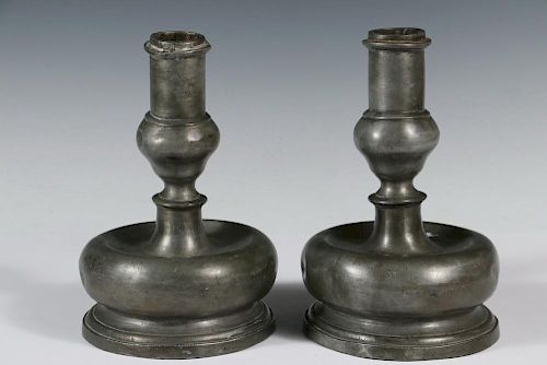 PAIR OF 17TH C. PEWTER CANDLESTICKS
