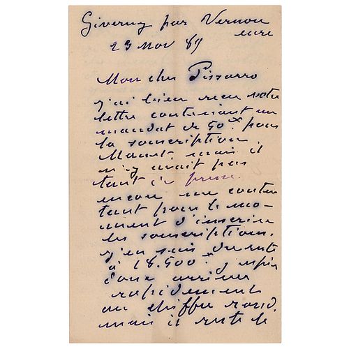 Claude Monet Autograph Letter Signed to Camille Pissarro on Manet&#39;s &#39;Olympia&#39;