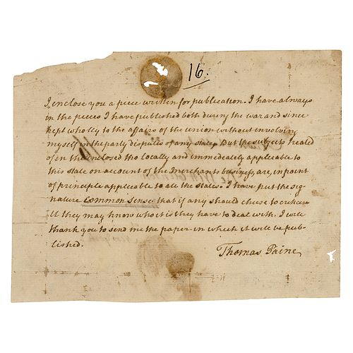 Thomas Paine Autograph Letter Signed on &#39;Common Sense&#39; Article