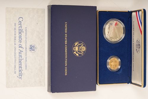 1987 Silver Dollar And Gold Five Dollar Constitution Coins