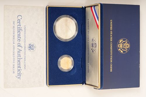 1987 Silver Dollar And Gold Five Dollar Constitution Coins