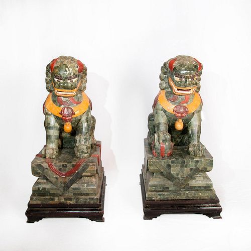 Pair of Chinese Fu Dogs Statues with Bases