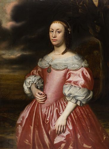 17th Century Dutch School, Lady in a Pink Dress, Oil on panel, framed