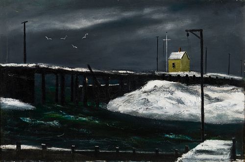 William Thon (Am. 1906-2000), "Life Saving Station", Oil on canvas, framed