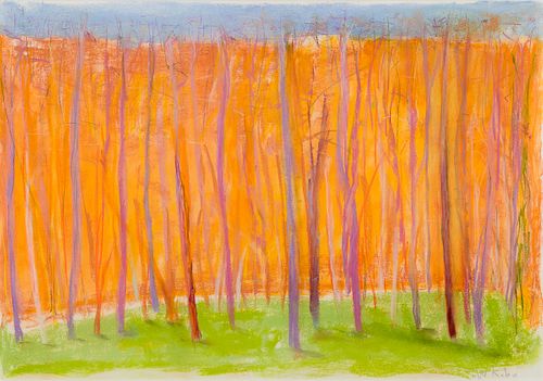 Wolf Kahn (Am. 1927-2020), Orange Treeline, Pastel on paper, framed under glass
