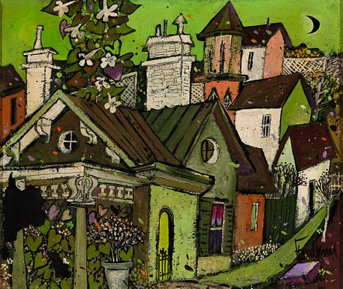 Henry Faulkner (Am. 1924-1981), Houses on the Hill, Oil on masonite, framed