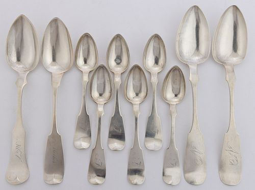 BALTIMORE, MARYLAND AND OTHER AMERICAN COIN SILVER SPOONS, LOT OF TEN
