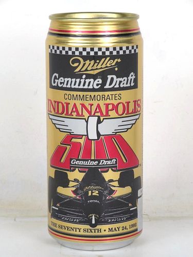 1992 Miller Genuine Draft Beer Indy 500 16oz One Pint Undocumented Bank Top Milwaukee Wisconsin