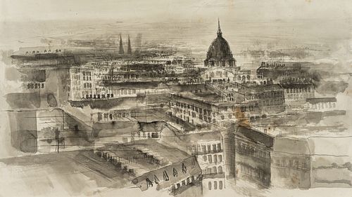 Unknown (19th), View over Paris to the Invalides, around 1900, Indian ink