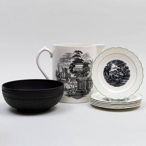 Large English Transfer Printed Jug, a Set of Six Wedgwood Transfer Printed Dessert Plates and a Basalt Bowl