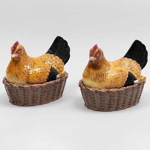 Pair of Portuguese Caldas Glazed Hen Form Tureens, Covers and Ladels