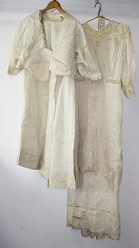 Two Ca. 1900 Victorian Off White Gowns With Satin Stitch