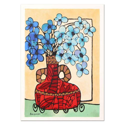 Avi Ben-Simhon, "Blue Flowers" Limited Edition Serigraph, Numbered and Hand Signed with Certificate of Authenticity.