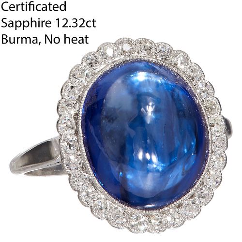 IMPORTANT AND STUNNING CERTIFICATED 12.32 CT. BURMA SAPPHIRE AND DIAMOND CLUSTER RING