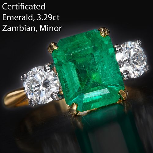 IMPORTANT CERTIFICATED EMERALD AND DIAMOND THREE STONE RING