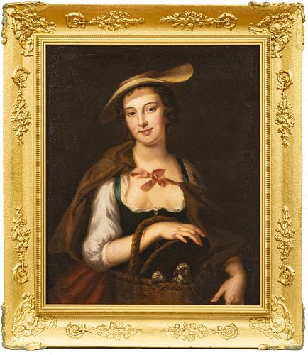 European Oil On Canvas, 19th C., Woman With A Basket Of Doves, H 30" W 25"