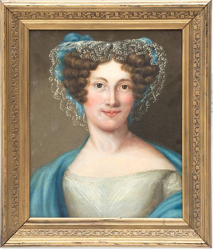 Unsigned Oil On Canvas Mounted To Board, 19th C., Portrait Of A Woman, H 19" W 15.5"