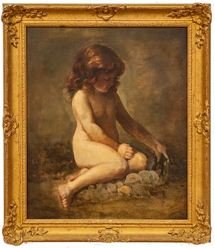 Oil On Canvas, Early 20th C., Young Girl Playing In Sand, H 24" W 19.5"