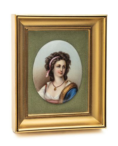 Painting On Porcelain, Lady With Pink Ribbon And Locket Ca. 1900, H 3" W 2.5"