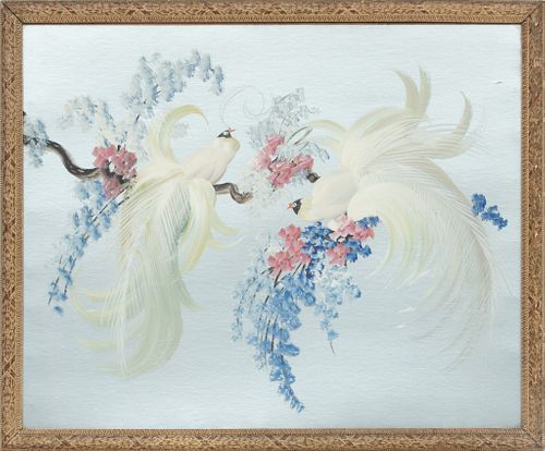 Chinese Gouache On Silver Foil With Paper Backing, Birds And Florals, H 26" W 32"
