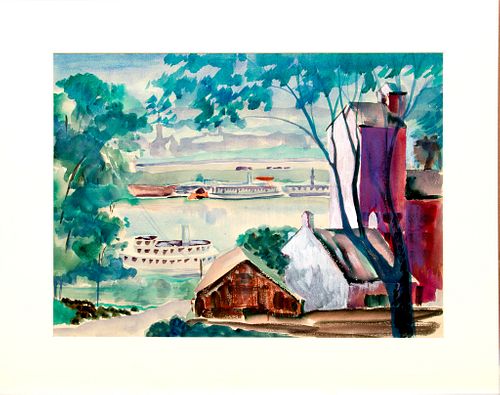 Attributed to William Ernst Henschel (Ohio, 1892-1962) Watercolor On Paper, "Ohio River Scene", H 14" W 20"