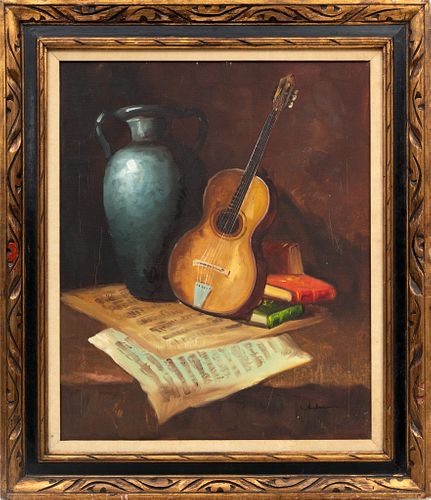 L. Silva? Contemporary Oil On Canvas, Ca. 1980, Still Life With Guitar And Books, H 24" W 20"