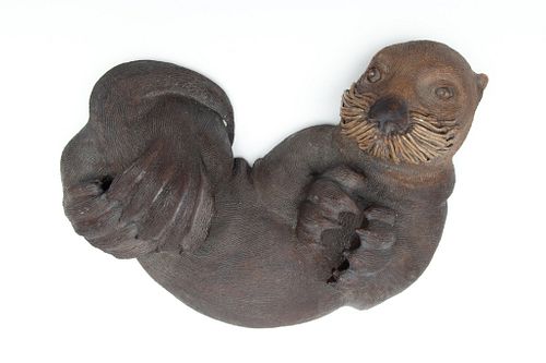 Glazed Pottery Sea Otter Sculpture, 20th C., H 6.25" W 12" L 16.5"