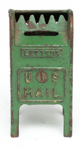 Cast Iron U S Mail Letter Box Coin Bank Ca. 1900, H 3.7" W 1.7"