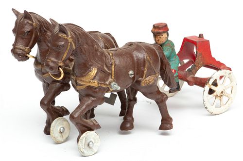 Cast Iron Horse Team And Cart With Driver L 11"