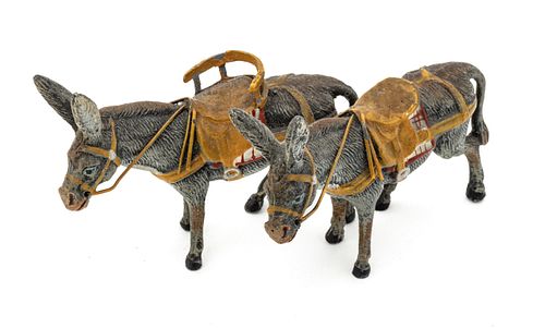 Cold Painted Bronze Miniature Burros Soldered Together Ca. 1900, H 2.5" L 5"
