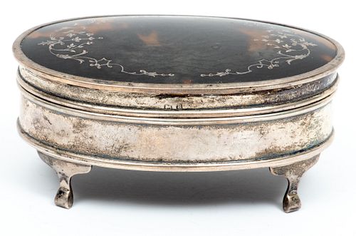 Birmingham English Footed Sterling Silver & Tortoise Jewelry Box, 1850 H 1.7" W 2.7" L 4"